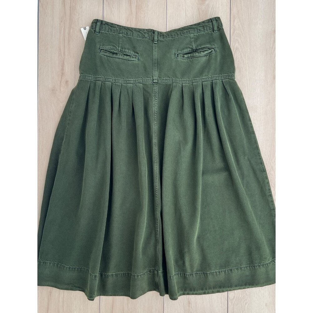 NWT Anthropologie Pilcro Pleated Basque-Waist Olive Green Denim Midi Skirt Sz 16 - Picture 2 of 14